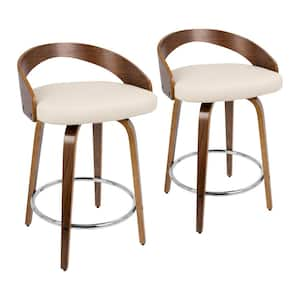 Grotto 29.75 in. Counter Height Bar Stool in Cream Faux Leather and Walnut Wood (Set of 2)