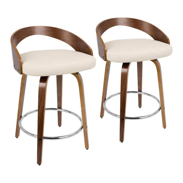 Lumisource Grotto 29.75 in. Counter Height Bar Stool in Cream Faux Leather and Walnut Wood (Set of 2)