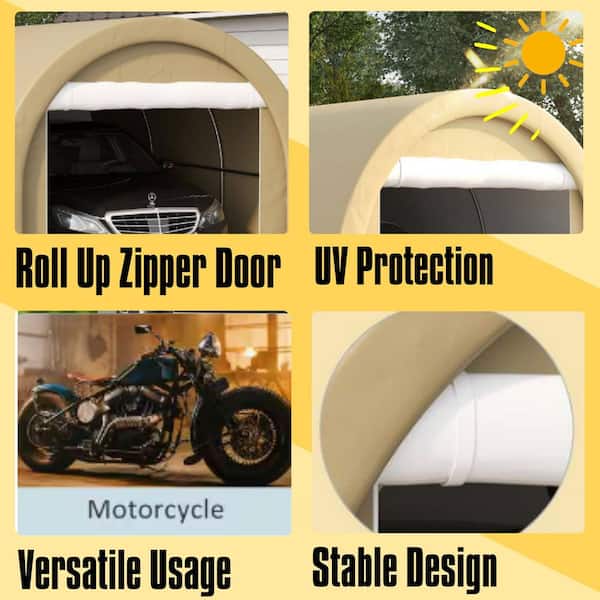10 ft. x 16 ft. Portable Garage Heavy-Duty Carport Storage Tent with Large Zippered Door for Car, Truck, Garden, Beige