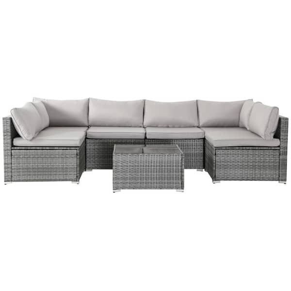 Sudzendf 7 Piece Outdoor PE Wicker Furniture Set, Patio Conversation Set with Gray Cushions