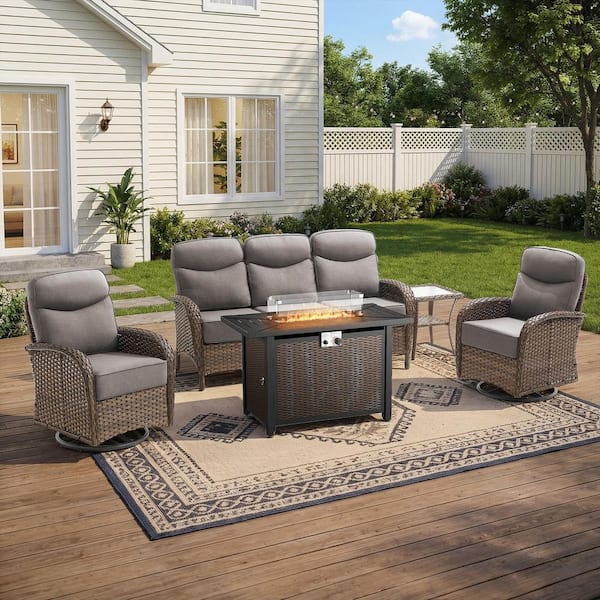Moonridge 5-Piece Brown Wicker Fire Pit Conversation Set with 6 In. Olefin Gray Cushions / Metal Fire Pit Table
