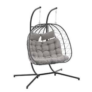 OC Orange Casual Grey Wicker Indoor Outdoor 2 Person Double Egg Swing Chair with Grey Cushions