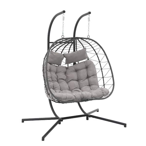 Freestyle Wicker Grey Indoor Outdoor 2-Person Double Porch Swing Egg Chair with Grey Cushions