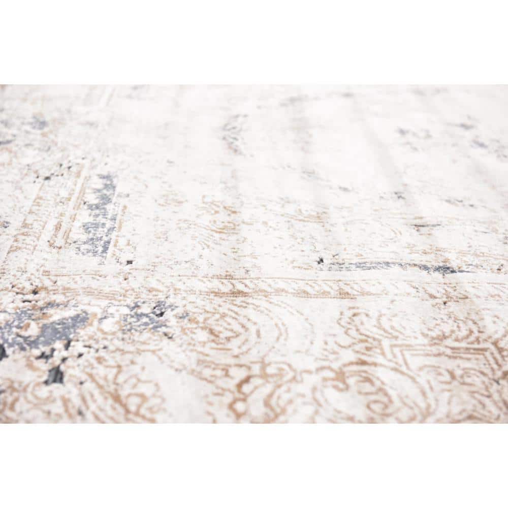 Ivory and Navy Blue Medallion Square Indoor Rug, 7' x 7', Easy Care