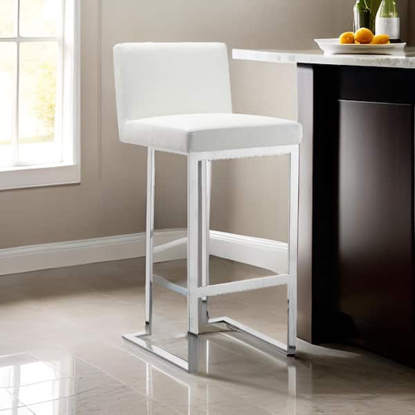 Benjara 30 in. White and Chrome Low Back Metal Frame Bar Stool with Faux Leather Seat