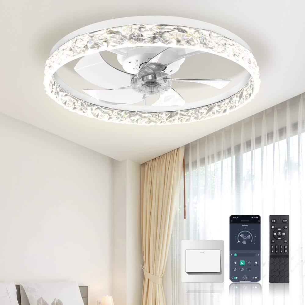 VITARVIX 20 in. Indoor White Crystal Ceiling Fan with Light and Remote ...