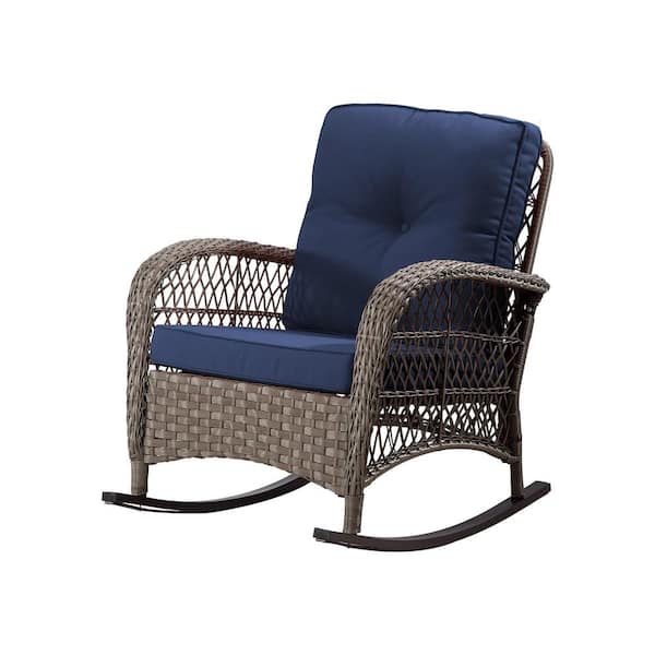 33 in. x 31 in. x 35 in. Metal Frame Outdoor Rocking Chair with blue Cushion