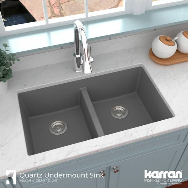 Karran QU-810 32 Undermount Double Equal Bowl Quartz Kitchen Sink in White