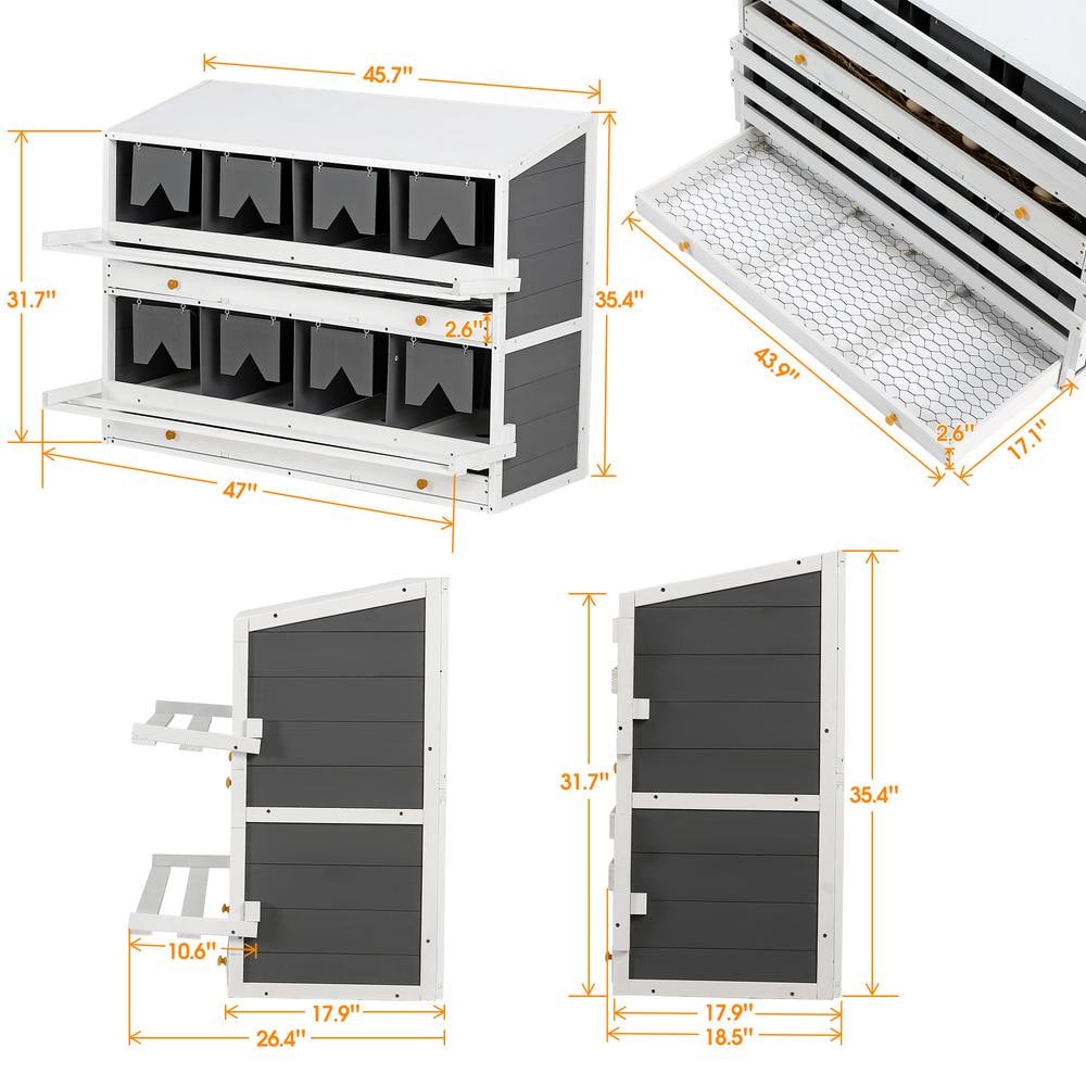 White and Gray Wooden Chicken Nesting Box with PVC Roof, 8 Compartments