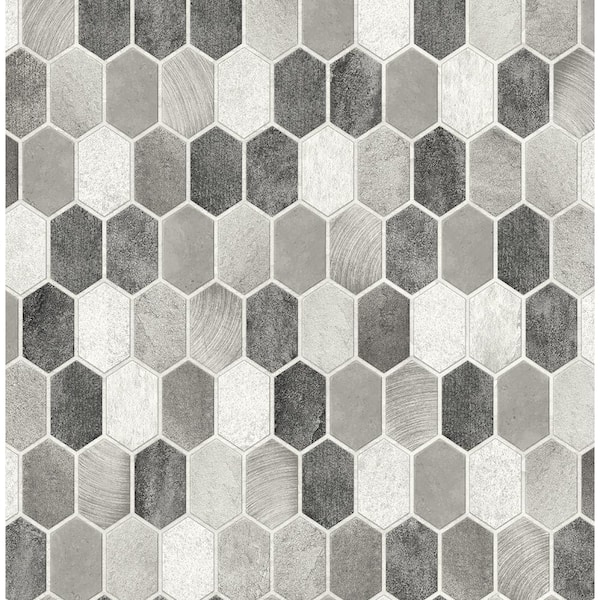 NextWall Faux Pavestone and Chrome Brushed Hex Tile 20.5 in. x 18 ft. Peel and Stick Wallpaper