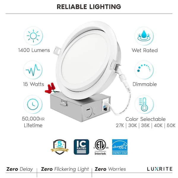 6 in. Gimbal Canless 15-Watt 5 Color Options New Construction 950 Lumens Integrated LED Recessed Light Kit J-Box
