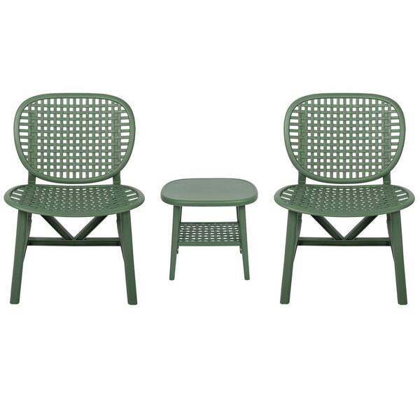 Unbranded Green 3-Piece Plastic Outdoor Patio Conversation Chair Set with Table for Garden Poolside and Backyard