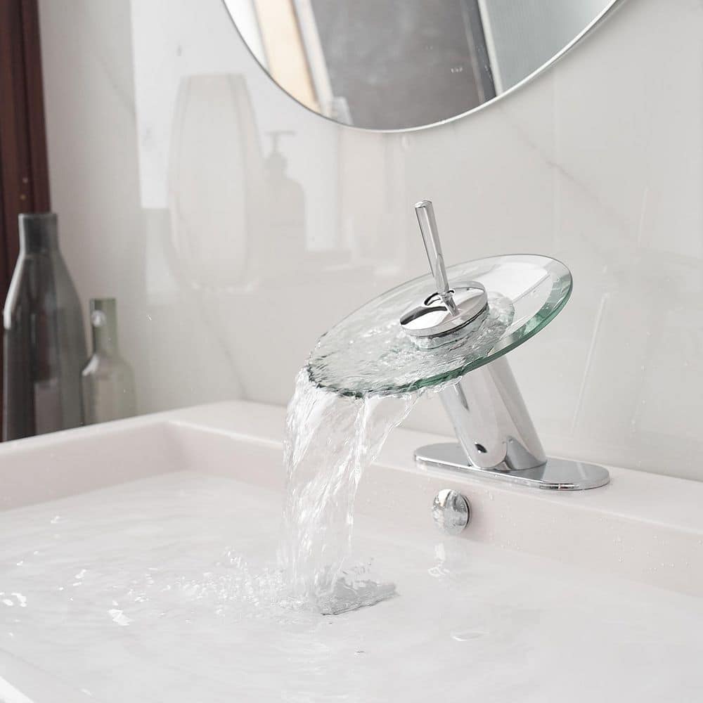 Polished Chrome Single Handle Waterfall Bathroom Faucet with Glass Spout