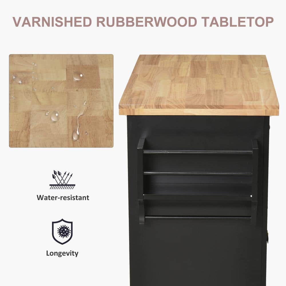 Compact Modern Black Kitchen Island Cart with Rubberwood Top and Storage