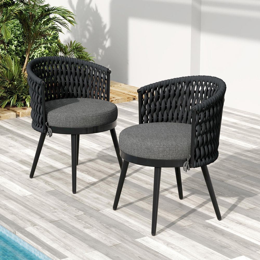 Black Metal and Rope Outdoor Dining Chair w/ Dark Gray Cushion Patio Furniture, Weather-Resistant Patio Chair(Set of 2) price history on PriceWatchPro