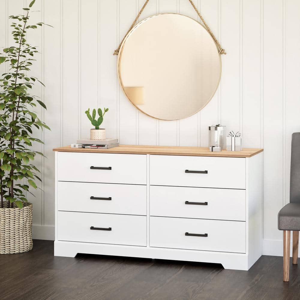 Rustic White and Oak Double Dresser with Six Drawers