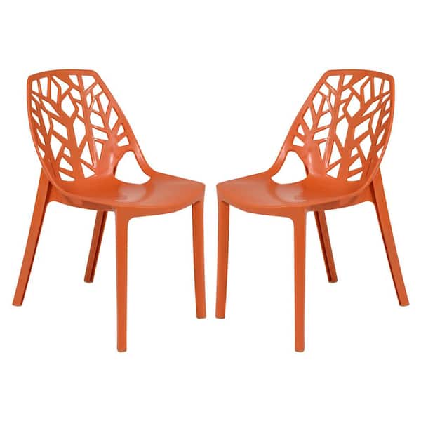 Leisuremod Cornelia Modern Spring Cut-Out Tree Design Stackable Dining Chair Set of 2 in Solid Orange