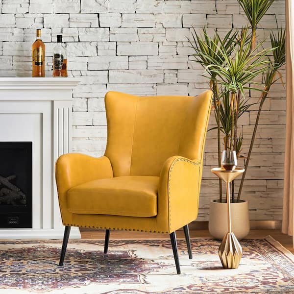 JAYDEN CREATION Harpocrates Modern Yellow Wooden Upholstered Nailhead Trims Armchair With Metal Legs