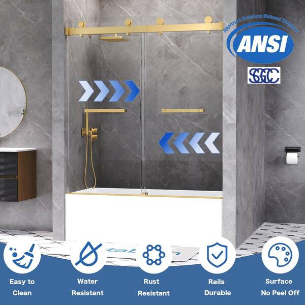 56 to 60 in. W x 66 in. H Double Sliding Frameless Tub Door in Brushed Gold with 3/8 in. Tempered Clear Glass
