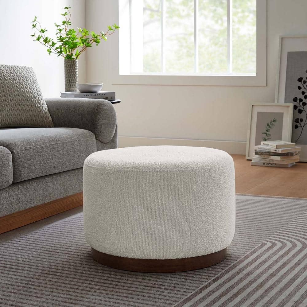 Tilden 23" Round Boucle Upholstered Ottoman with Walnut Base