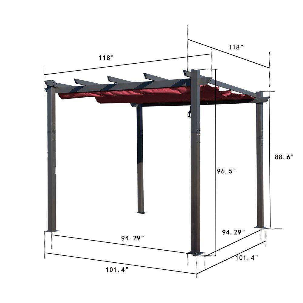 Burgundy Aluminum Outdoor Pergola with Retractable Canopy, 10 ft. x 10 ft.