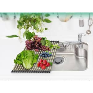 Expandable Roll Up Over-the-Sink Dish Drainer with Heat-Resistant Silicone, Brushed Stainless Steel Finish in Gold