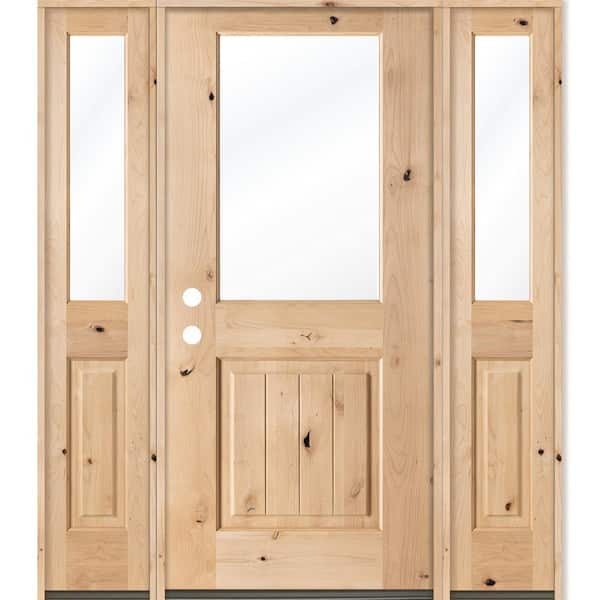 Krosswood Doors 60 in. x 80 in. Rustic Alder Half Lite Clear Low-E V-Grooved Unfinished Wood Right-Hand Prehung Front Door/Sidelites