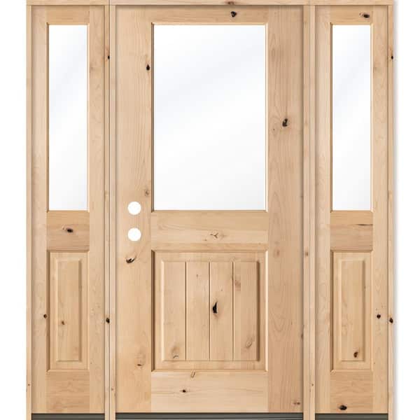 Krosswood Doors 64 in. x 80 in. Rustic Knotty Alder Half Lite V-Grooved Unfinished Right-Hand Inswing Prehung Front Door/Sidelites
