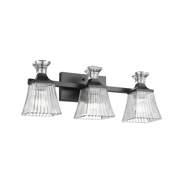 JAZAVA 21.2 in. 3-Light Black Vanity Light with Clear Shade for Bathroom Living Room