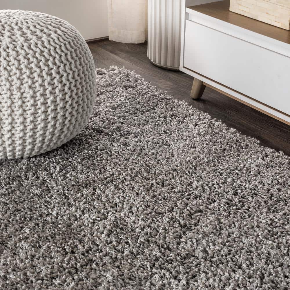 Gray Rectangular Reversible Shag Area Rug with Tassels