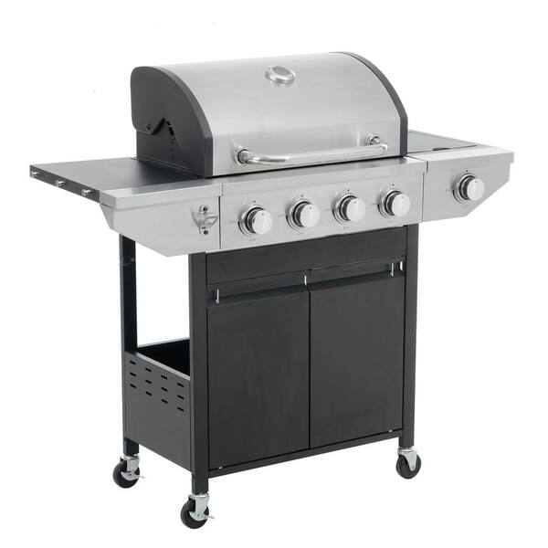 Unbranded 46700 BTU 4 Burner Barbecue Portable Propane Grill in Black with Side Burner&Thermometer, 4 Wheels for Outdoor BBQ