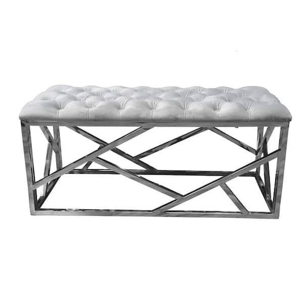 Best Master Furniture Barbosa Grey Silver Velvet Accent Bench 39 in. D x 17.5 in. H