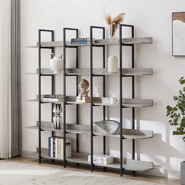 Magic Home 70.87 in. 5 Tier Vintage Industrial Bookcase Bookshelf with Open Shelf and Metal Frame for Home Office, Gray