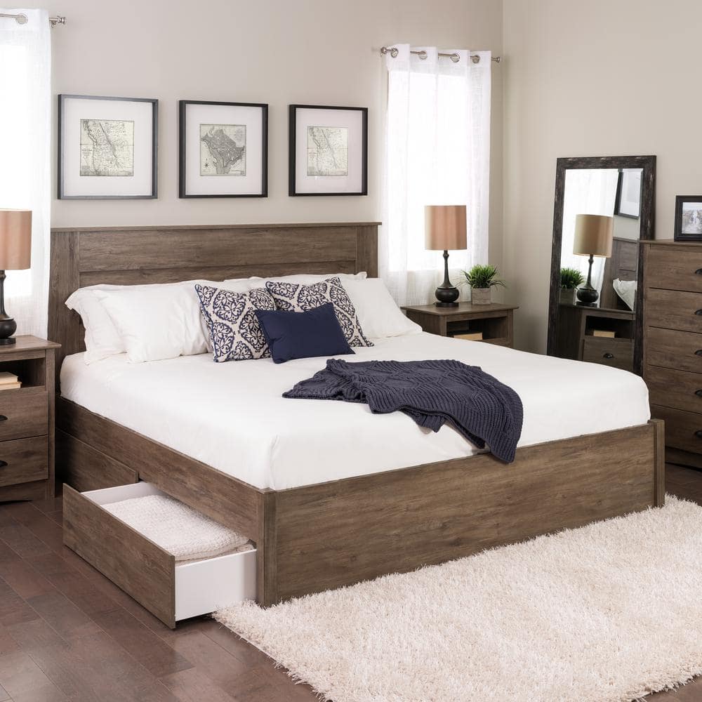 Drifted Gray King Platform Bed with 4 Storage Drawers