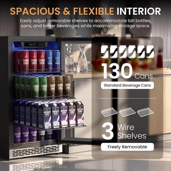 18 in Under-Counter Smart. Single Zone 130-Cans Beverage Cooler in Stainless Steel with Triple-Layer Tempered Glass Door