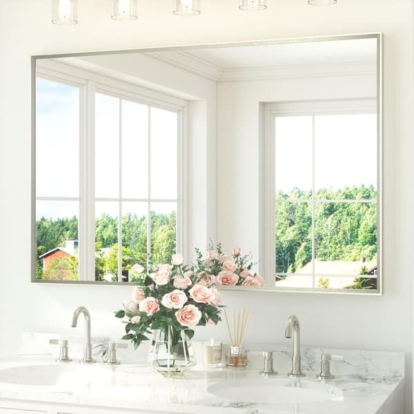 55 in. W x 36 in. H Rectangle Aluminum Framed Wall Bathroom Vanity Mirror in Brushed Nickel