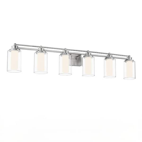 JAZAVA Modern 42.7 in. 6 Light Brushed Nickel 36W 5CCT LED Vanity Light with Frosted Acrylic Shade