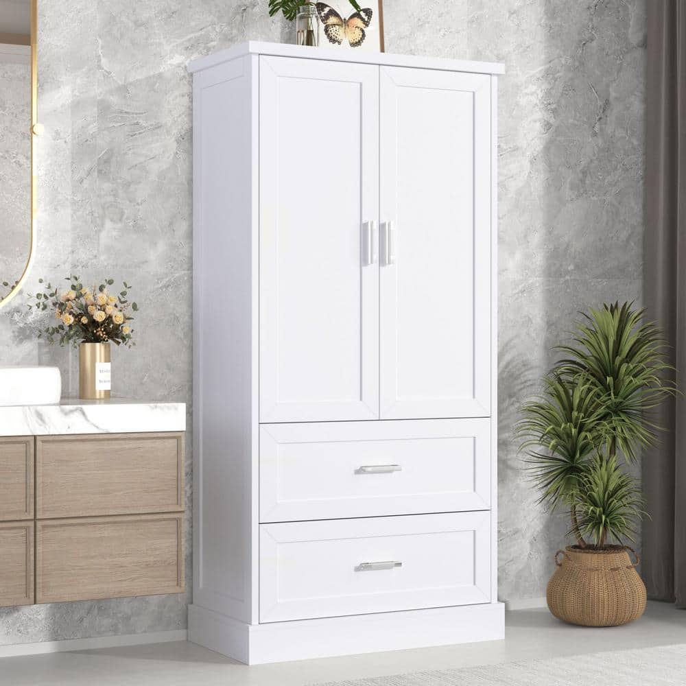 31.3 in. W x 16 in. D x 64 in. H White MDF Freestanding Linen Cabinet with 