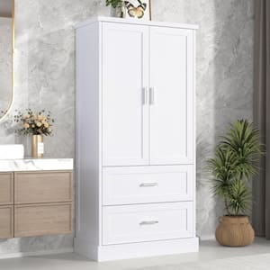 31.3 in. W x 16 in. D x 64 in. H White MDF Freestanding Linen Cabinet with Adjustable Shelves and Drawers in White