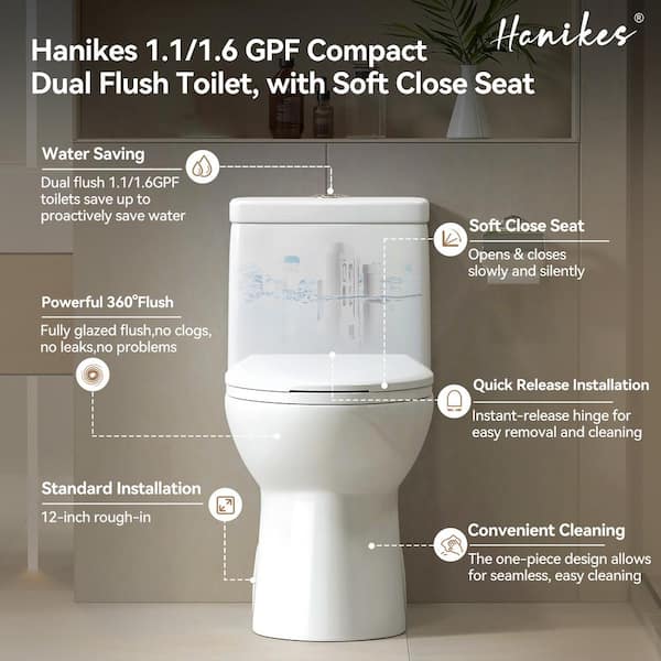 Dual-Flush 1.1 GPF/1.6 GPF Elongated One-Piece Toilet in White Soft Closing Seat High-Efficiency Water Sense Dual-Flush 1.1 GPF/1.6 GPF Elongated One-Piece Toilet in White Soft Closing Seat High-Efficiency Water Sense