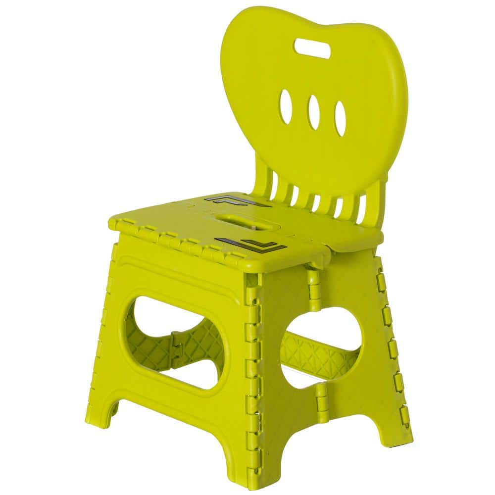 Basicwise Plastic Foldable Step Stool with Back Support, Kids Stepping Stool and Bathroom Stool, Collapsible Step Stool, Green