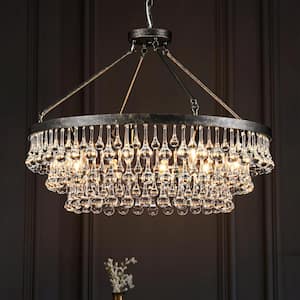 Babic 10-Light 31.5 in. Modern Glam Distressed Black Round Large Crystal Chandelier for Living Room