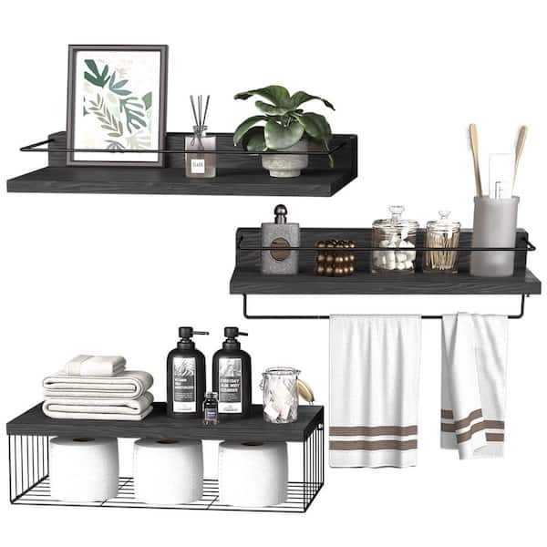 22.5 in. W x 6 in. D Bathroom Floating Shelves, with Storage Basket Paper Holer, Set of 3, Decorative Wall Shelf, Black