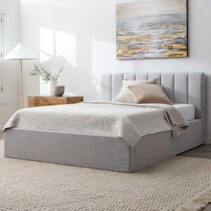 Hadland Gray Stone Polyester Frame King Grounded Platform Bed with Vertical Channel Headboard