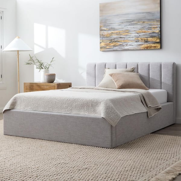 New Heights Hadland Gray Stone Polyester Frame King Grounded Platform Bed with Vertical Channel Headboard