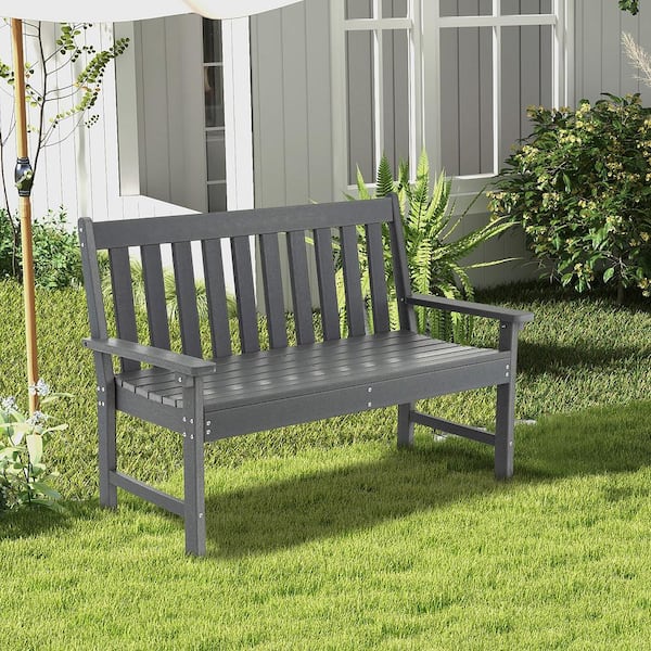 Garden Bench All-Weather HDPE 2-Person Gray Plastic Outdoor Bench for Front Porch Backyard