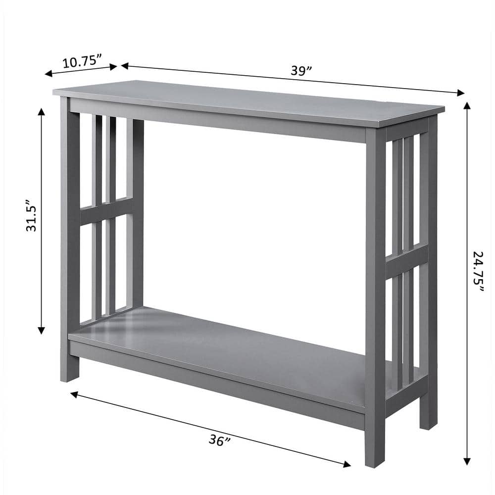 Elegant Gray Mission-Inspired Console Table with Glass Overlay and Storage Shelf