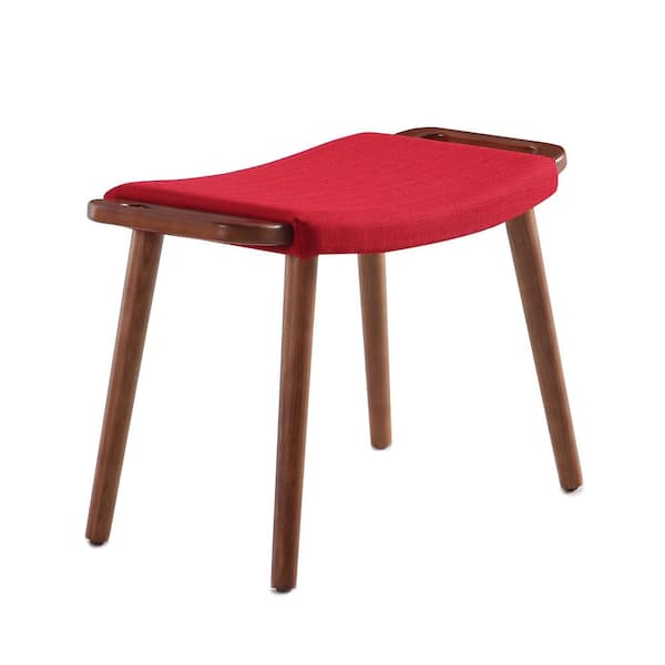 Manhattan Comfort Geta Mid-Century Modern Red and Antique Walnut Linen Weave Upholstered Ottoman