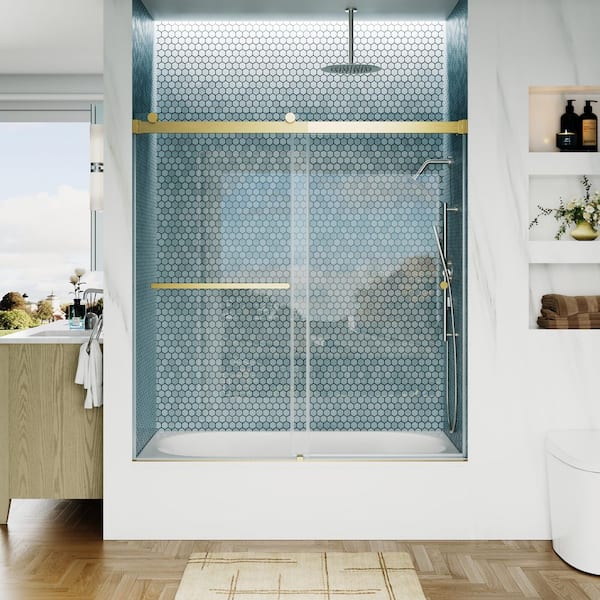 56-60 in. W x 62 in. Frameless Double Sliding Tub Door in Brushed Gold with 6 mm Clear Tempered Glass