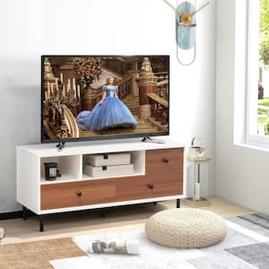 White and Walnut Mid-Century TV Stand Fits Up To 50 in. Media Entertainment Center Console with 2-Cubbies and 3-Drawers